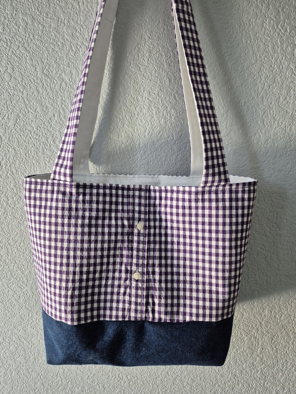 Purple Gingham Tote Bag with Denim Base